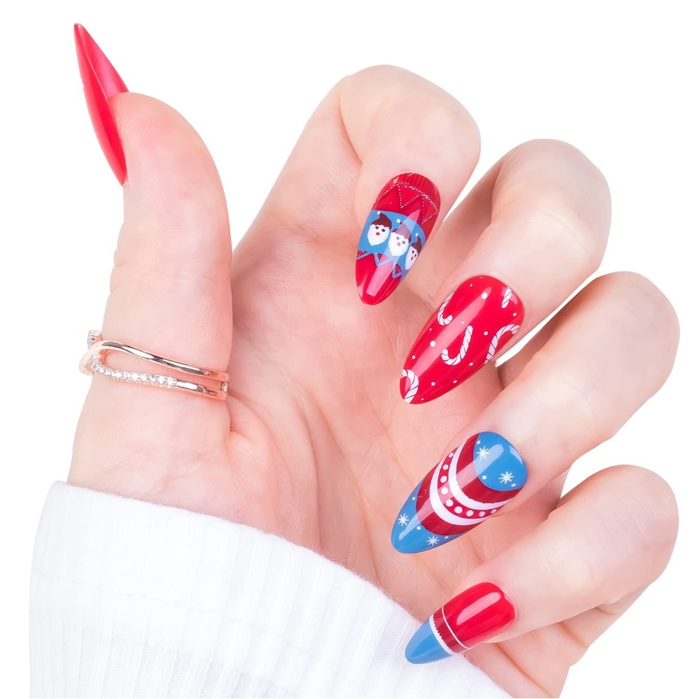 Press on Nails Medium Almond Christmas, 24pcs, Nail Glue & 20 Jelly Glue Incl.